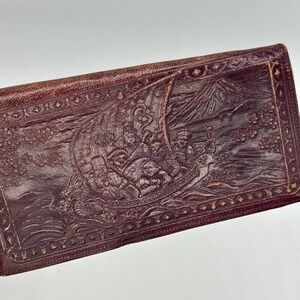 Vintage Leather Wallet With Dragon Sailing 6 Passengers Boat Island Japan MTN